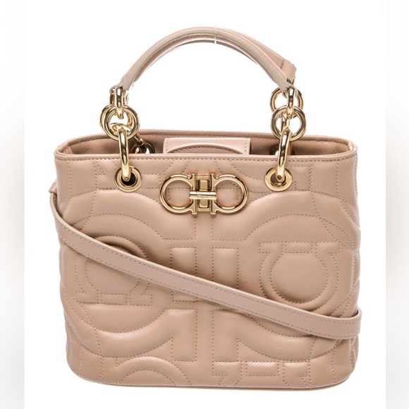 Salvatore Ferragamo Handbags - Salvatore Ferragamo Beige Quilted Leather Tote with Gold Hardware